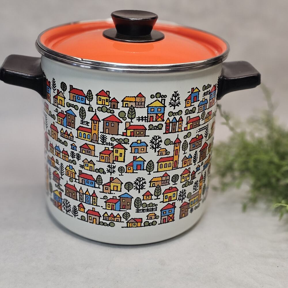 Vintage San Ignacio Orange Enamelware Stock Pot W/Lid 4 qt Houses Print 1970s